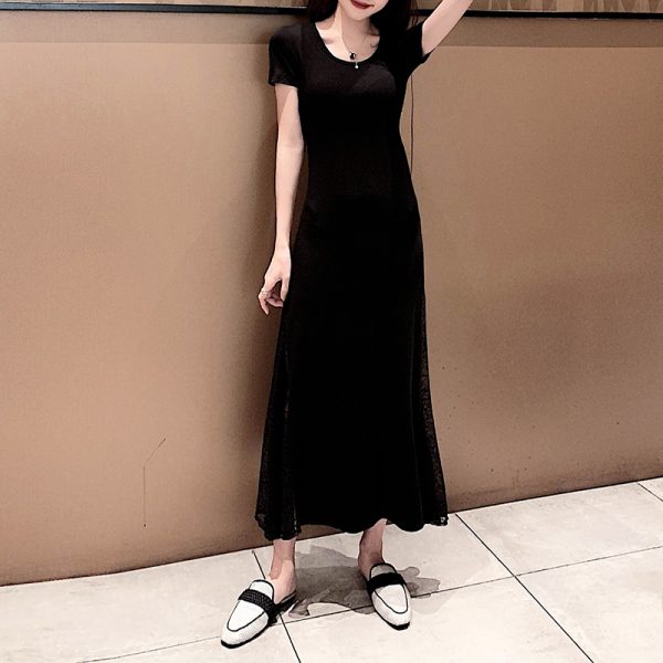 Fitted Spliced Short-Sleeve Dress, Modal, Slimming Lace Round Neck, Black Long Dress, 2025 Summer Style, European American Fashion