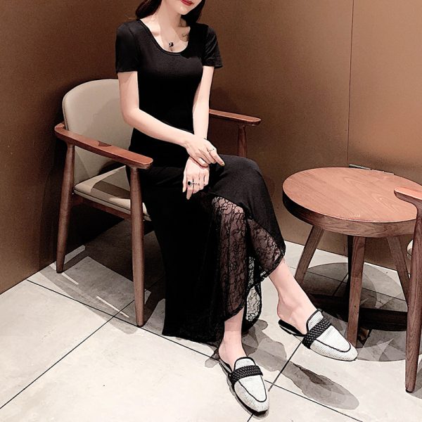 Fitted Spliced Short-Sleeve Dress, Modal, Slimming Lace Round Neck, Black Long Dress, 2025 Summer Style, European American Fashion