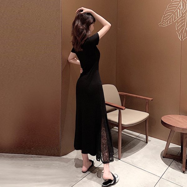 Fitted Spliced Short-Sleeve Dress, Modal, Slimming Lace Round Neck, Black Long Dress, 2025 Summer Style, European American Fashion