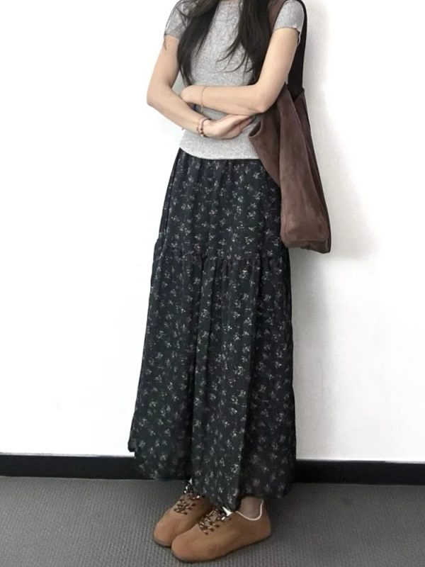 Floral A-Line Midi Skirt for Women, High-Waisted, Slimming Fit, Pear-Shaped Body, Draped Design, 2025 New Style, Elegant Fashion