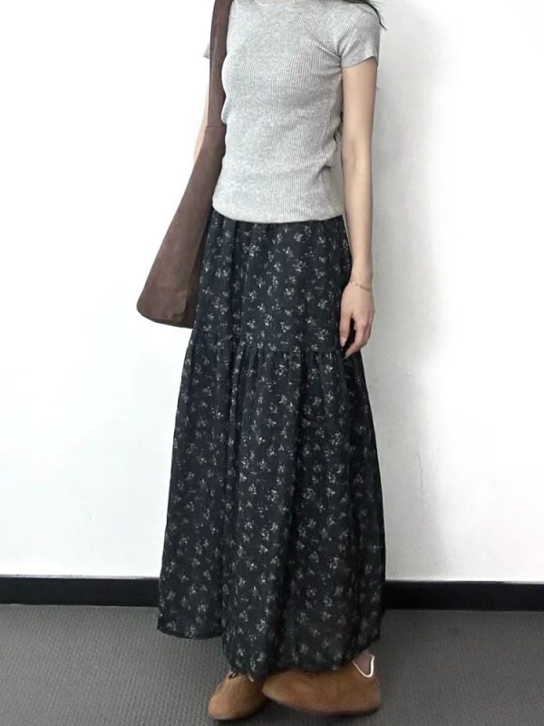 Floral A-Line Midi Skirt for Women, High-Waisted, Slimming Fit, Pear-Shaped Body, Draped Design, 2025 New Style, Elegant Fashion