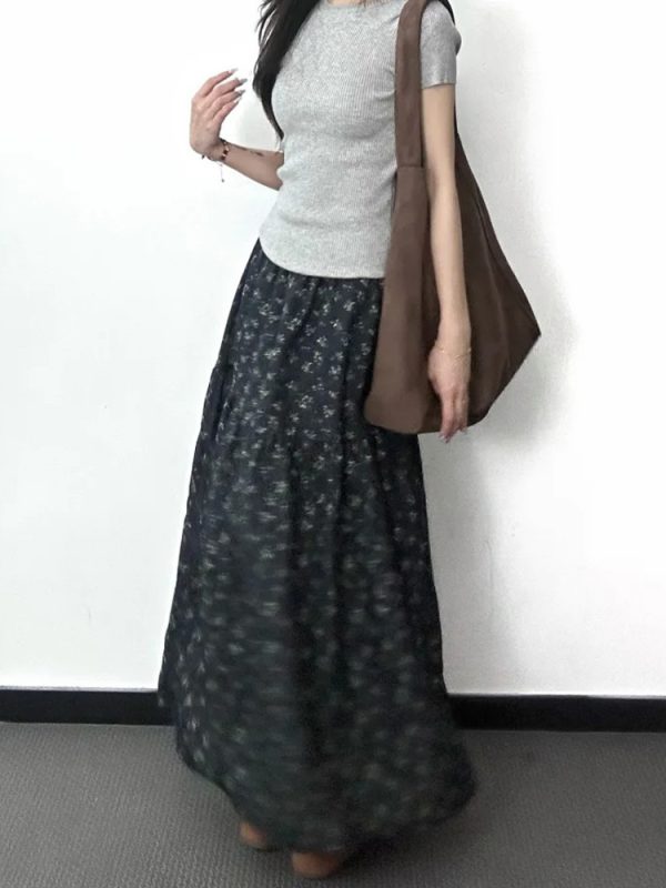 Floral A-Line Midi Skirt for Women, High-Waisted, Slimming Fit, Pear-Shaped Body, Draped Design, 2025 New Style, Elegant Fashion