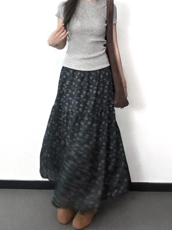 Floral A-Line Midi Skirt for Women, High-Waisted, Slimming Fit, Pear-Shaped Body, Draped Design, 2025 New Style, Elegant Fashion