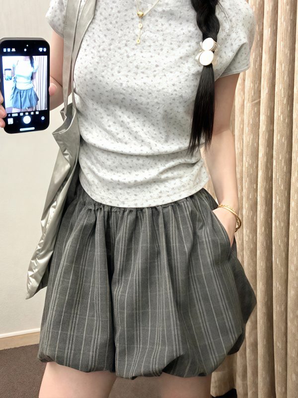 Floral Bud Plaid Skirt Pants for Women - Summer Gray Shorts, Hip-Hiding Slimming Design, Plus Size, Petite Style