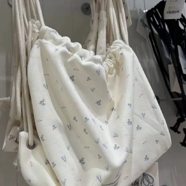Floral Drawstring Small Backpack - Casual Canvas Tote Bag with Large Capacity for Commuting - Trendy Niche Design