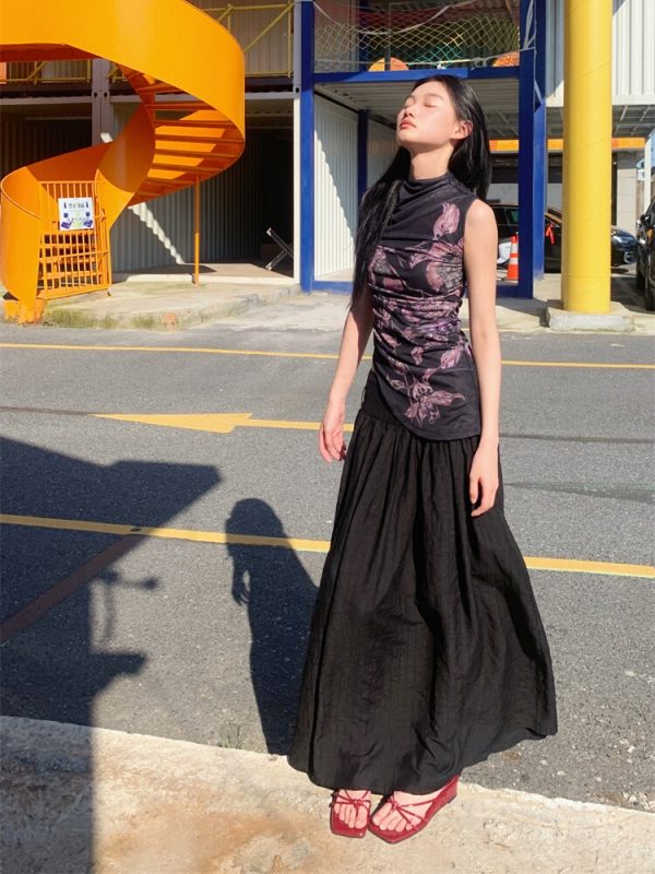 Floral Elastic Mesh Vest Top with Wrinkled Slim Fit for a Desert Island Night, Perfect for Y2K and Current Trends