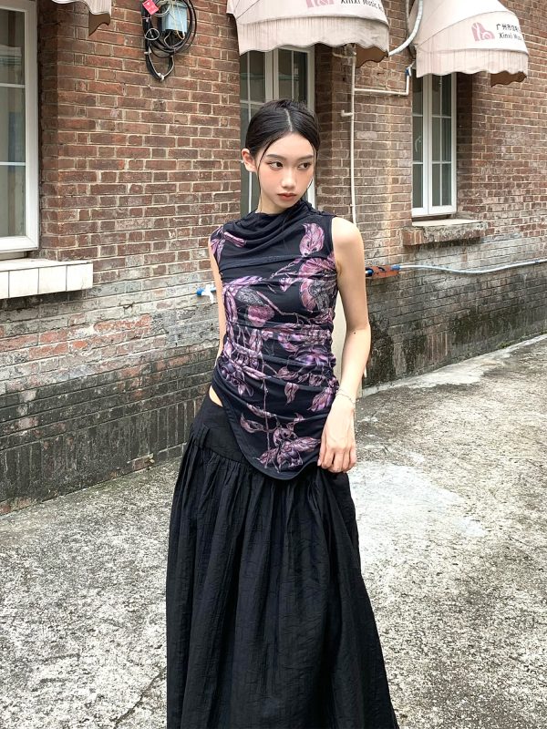 Floral Elastic Mesh Vest Top with Wrinkled Slim Fit for a Desert Island Night, Perfect for Y2K and Current Trends