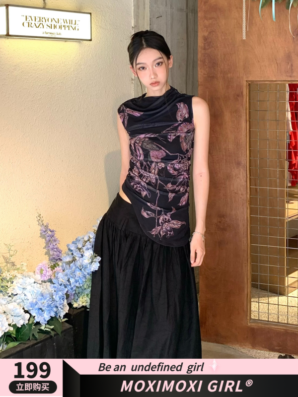 Floral Elastic Mesh Vest Top with Wrinkled Slim Fit for a Desert Island Night, Perfect for Y2K and Current Trends