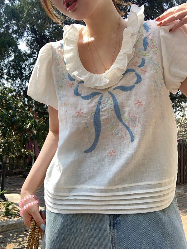 Floral Embroidery Linen Short Sleeve Shirt and Skirt Set for Women - Vintage Summer Outfit, Loose Fit, Boho Style