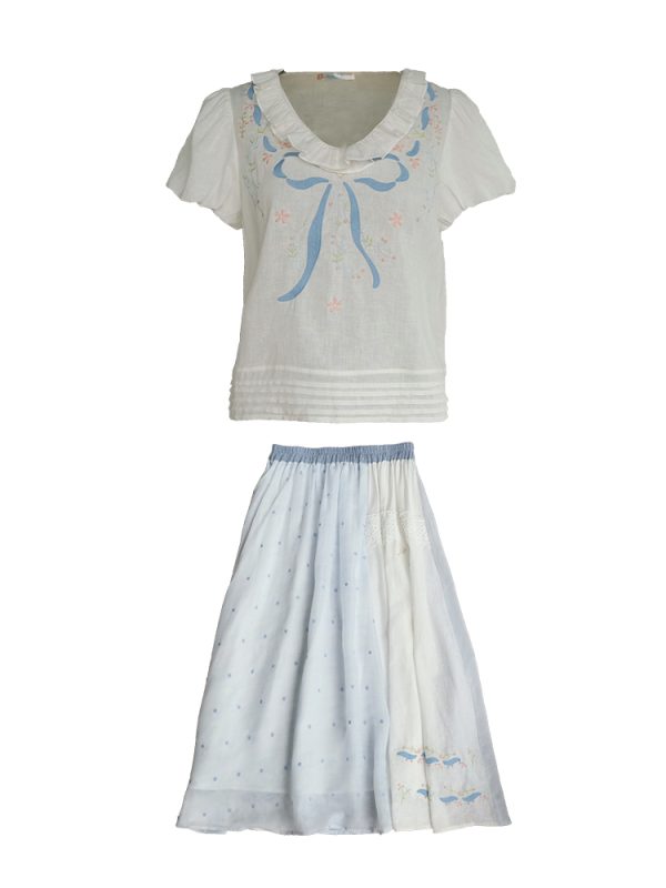 Floral Embroidery Linen Short Sleeve Shirt and Skirt Set for Women - Vintage Summer Outfit, Loose Fit, Boho Style