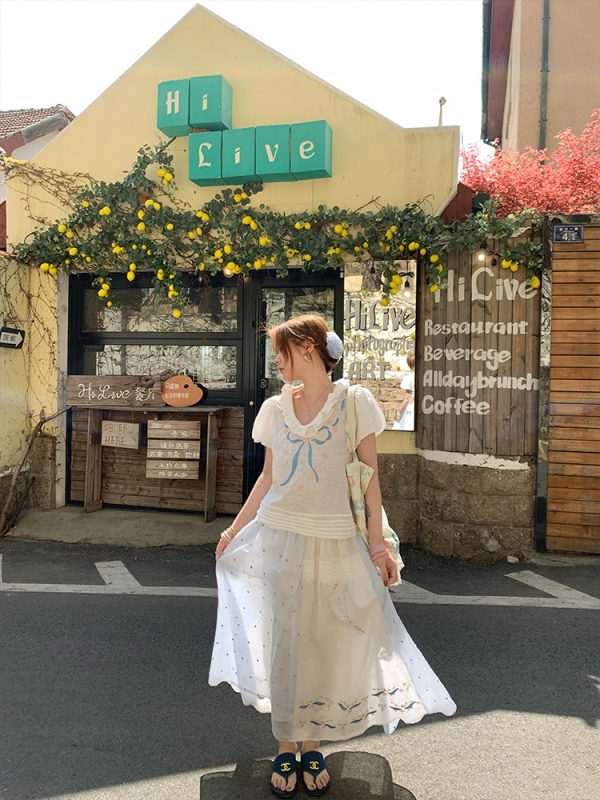 Floral Embroidery Linen Short Sleeve Shirt and Skirt Set for Women - Vintage Summer Outfit, Loose Fit, Boho Style