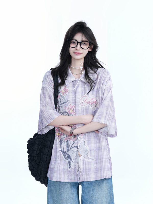 Floral Embroidery Pink Purple Checkered Short Sleeve Shirt for Women - Trendy Loose Fit, National Style, Perfect for Y2K Fashion