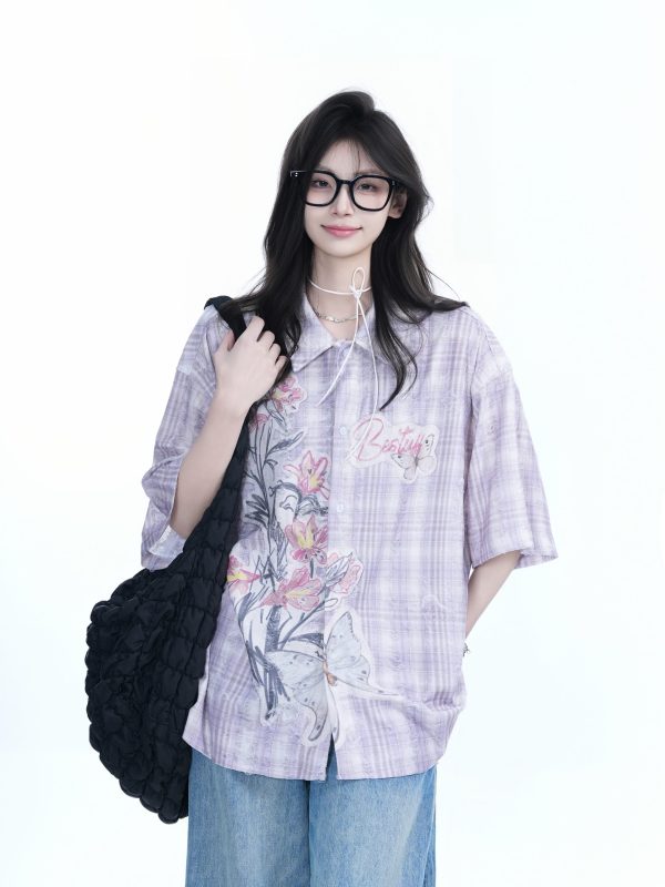 Floral Embroidery Pink Purple Checkered Short Sleeve Shirt for Women - Trendy Loose Fit, National Style, Perfect for Y2K Fashion