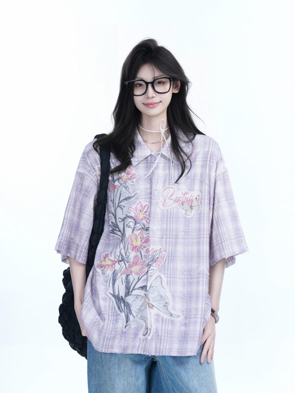 Floral Embroidery Pink Purple Checkered Short Sleeve Shirt for Women - Trendy Loose Fit, National Style, Perfect for Y2K Fashion