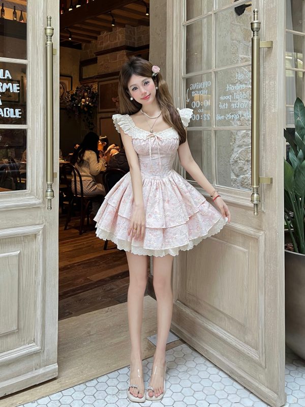 Floral Feather Flutter Sleeve Waist-Defined Short Dress in Cherry Weave - Sweet Summer Style for 90s and Y2K Fashion Lovers