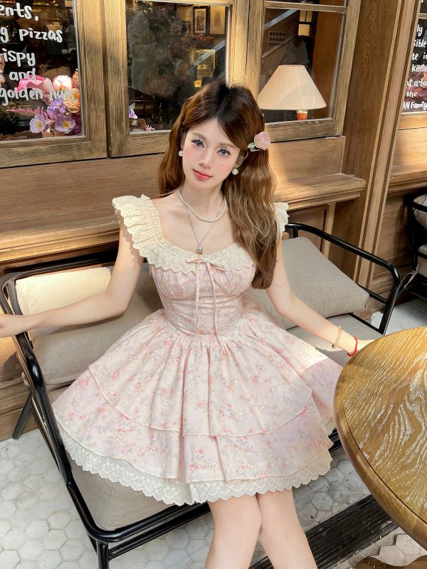 Floral Feather Flutter Sleeve Waist-Defined Short Dress in Cherry Weave - Sweet Summer Style for 90s and Y2K Fashion Lovers