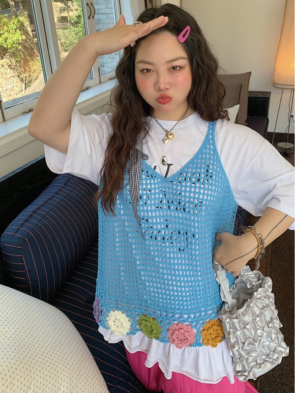 Floral Hollow Vest Women's Cover-up - Handmade Sleeveless Camisole Top for Summer 2025, Trendy Korean Style Outer Wear