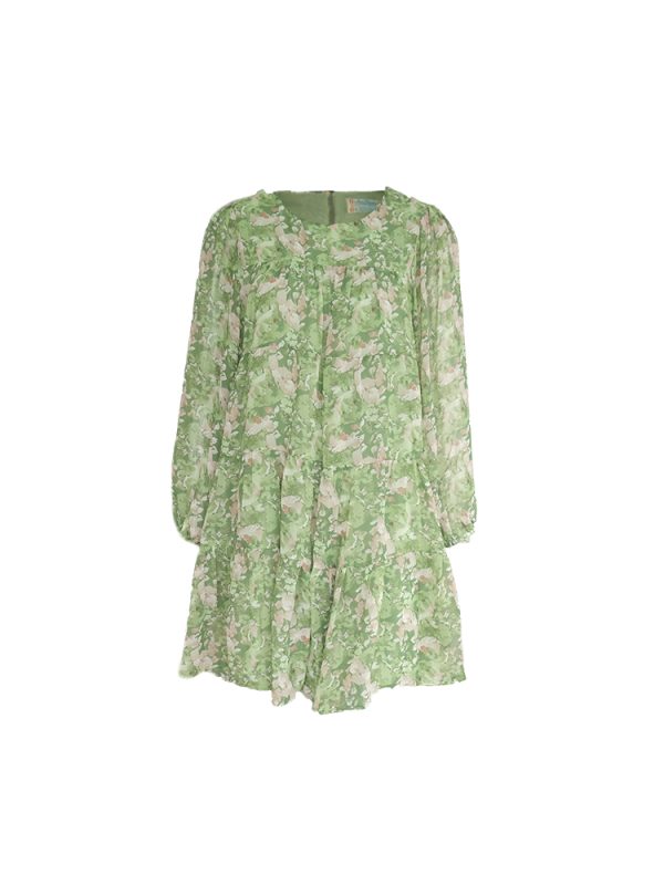 Floral Long Sleeve Chiffon Dress for Women - Spring Loose Puff Sleeve Cake Dress, Vintage Flower Dance Style, Perfect for Spring Events