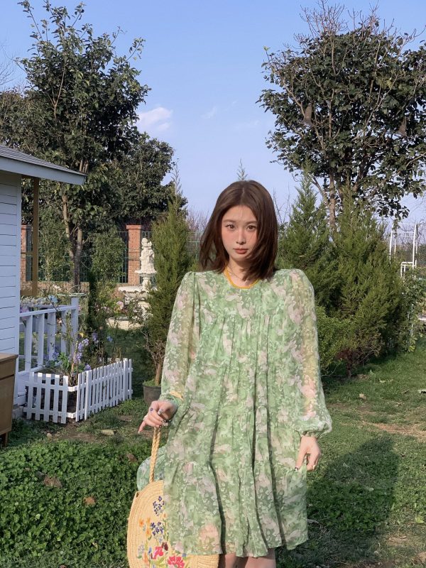 Floral Long Sleeve Chiffon Dress for Women - Spring Loose Puff Sleeve Cake Dress, Vintage Flower Dance Style, Perfect for Spring Events