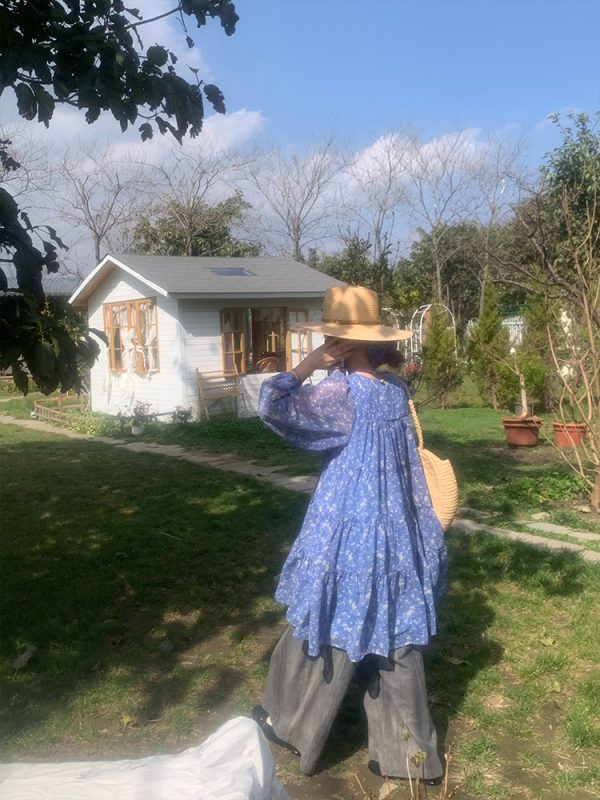 Floral Long Sleeve Chiffon Dress for Women - Spring Loose Puff Sleeve Cake Dress, Vintage Flower Dance Style, Perfect for Spring Events