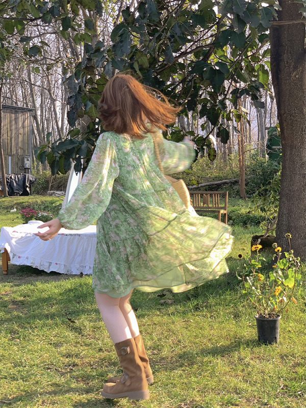 Floral Long Sleeve Chiffon Dress for Women - Spring Loose Puff Sleeve Cake Dress, Vintage Flower Dance Style, Perfect for Spring Events