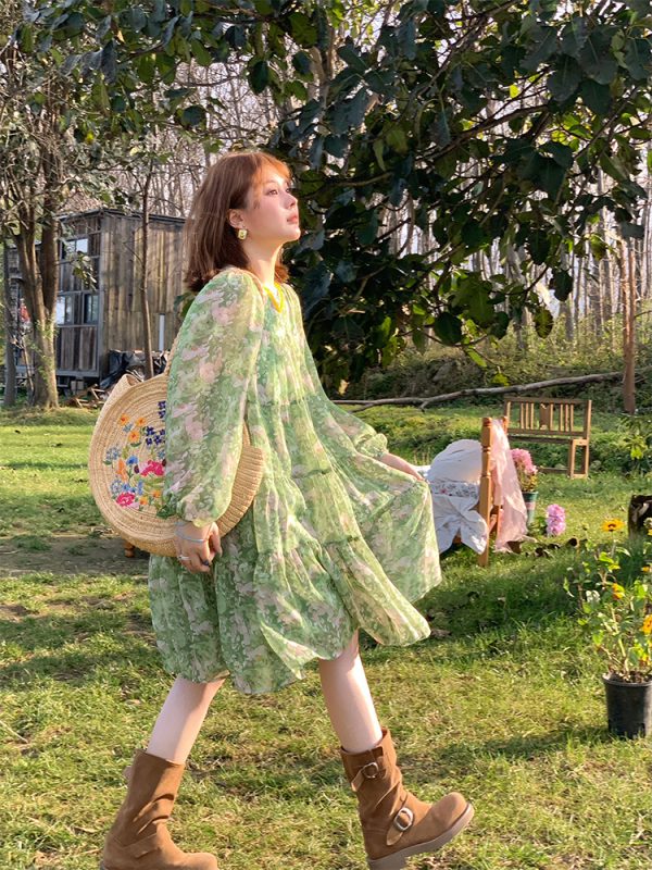 Floral Long Sleeve Chiffon Dress for Women - Spring Loose Puff Sleeve Cake Dress, Vintage Flower Dance Style, Perfect for Spring Events