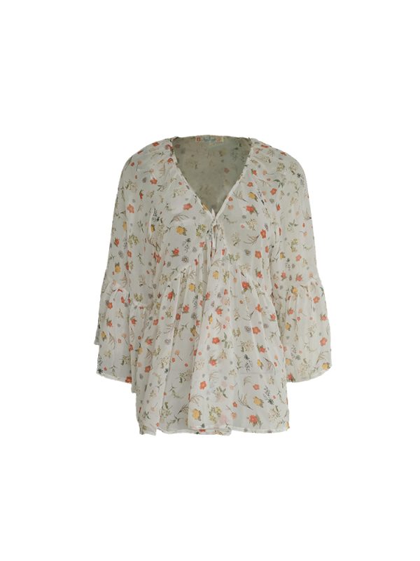 Floral Long Sleeve Chiffon Shirt for Women - Vintage 90s Style Loose Bell Sleeve Sun Protection Top