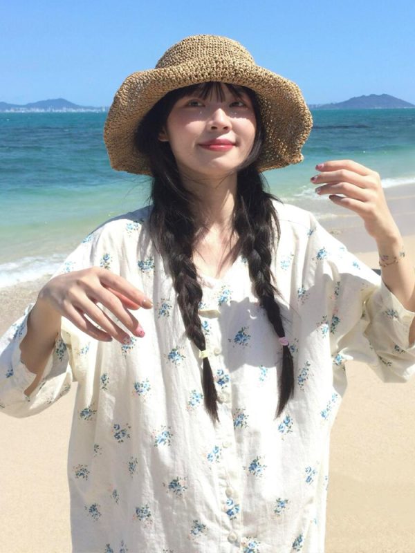 Floral Long-Sleeve Shirt for Women - Spring Sun-Protective Jacket, Casual College Style, Loose Fit Top