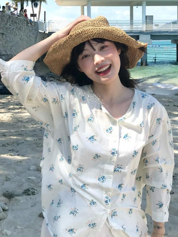Floral Long-Sleeve Shirt for Women - Spring Sun-Protective Jacket, Casual College Style, Loose Fit Top