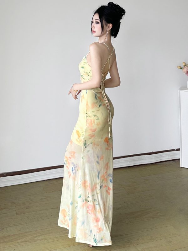 Floral Mesh Mermaid Long Dress - Women's Lace V-Neck Fishbone Waist-Defining Vacation Dress in South France Garden Style