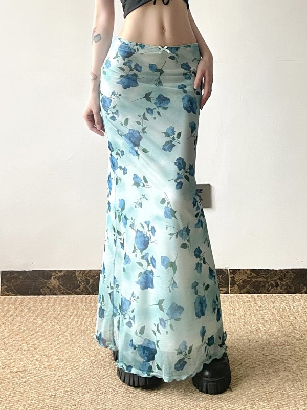 Floral Mesh Skirt for Women - Low Waist Slim Fit Long Pants - Summer Island Rose Design - Vacation Ready Mint Green Style