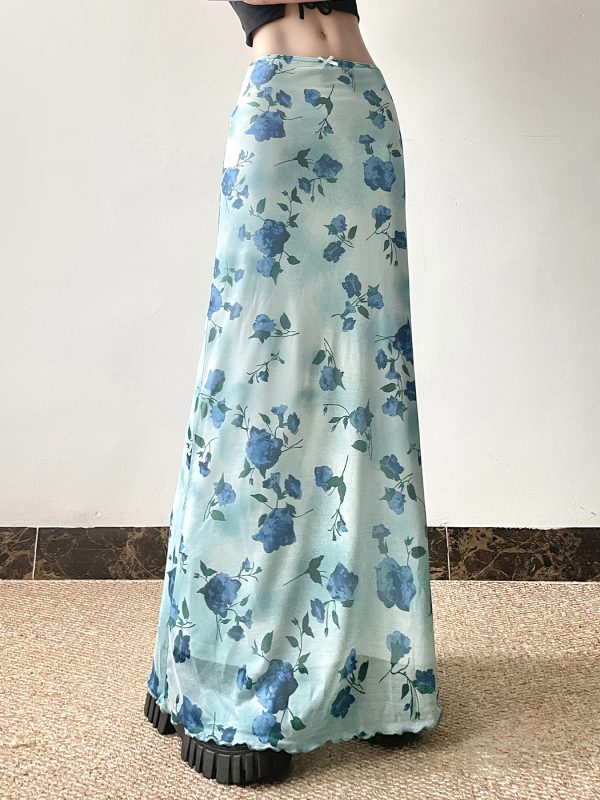 Floral Mesh Skirt for Women - Low Waist Slim Fit Long Pants - Summer Island Rose Design - Vacation Ready Mint Green Style