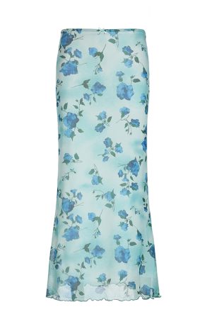 Floral Mesh Skirt for Women - Low Waist Slim Fit Long Pants - Summer Island Rose Design - Vacation Ready Mint Green Style