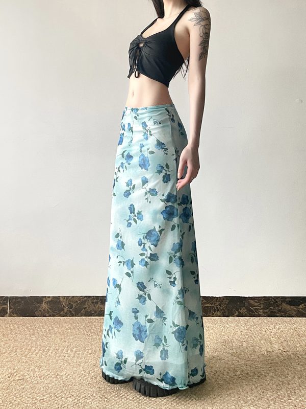 Floral Mesh Skirt for Women - Low Waist Slim Fit Long Pants - Summer Island Rose Design - Vacation Ready Mint Green Style