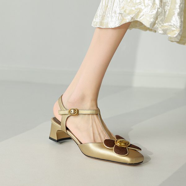 Floral Mid-Heel Closed-Toe Sandals for Women in Gold and Silver - Trendy Summer Footwear with Genuine Leather Design