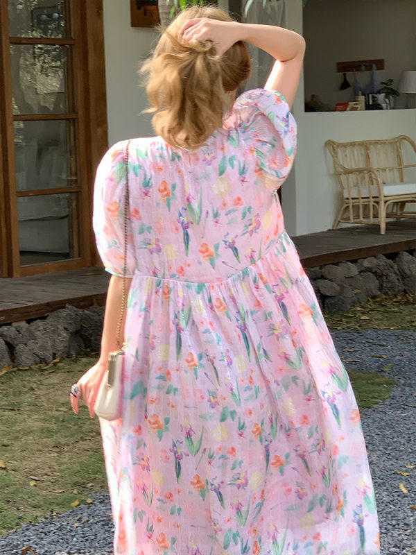 Floral Puff Sleeve A-Line Dress - Women's Vintage Summer Dress with Loose Fit, Romantic Style, Perfect for 90s and Y2K Looks