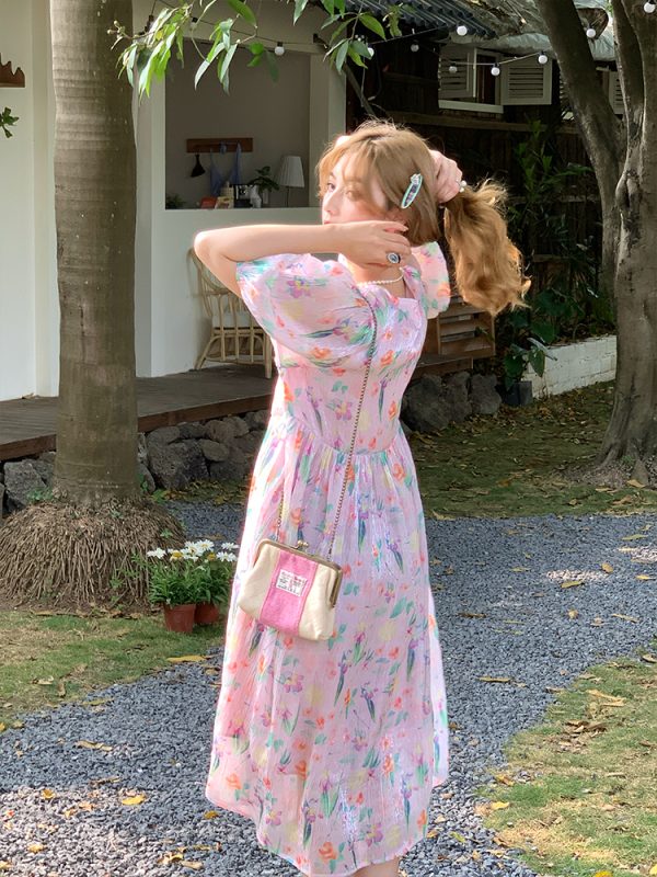 Floral Puff Sleeve A-Line Dress - Women's Vintage Summer Dress with Loose Fit, Romantic Style, Perfect for 90s and Y2K Looks