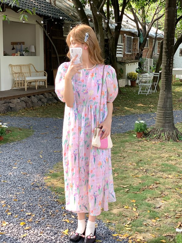 Floral Puff Sleeve A-Line Dress - Women's Vintage Summer Dress with Loose Fit, Romantic Style, Perfect for 90s and Y2K Looks