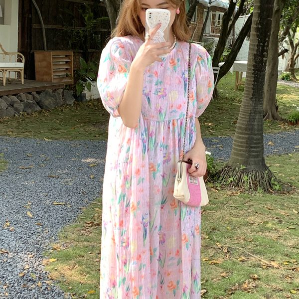 Floral Puff Sleeve A-Line Dress - Women's Vintage Summer Dress with Loose Fit, Romantic Style, Perfect for 90s and Y2K Looks