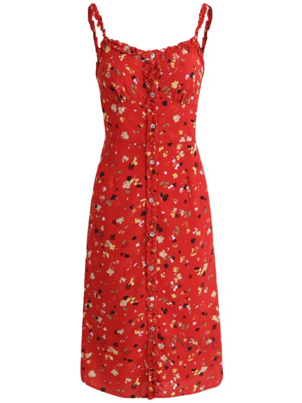 Floral Red Long Dress for Women - French-Style Summer Vacation Dress 2025, Celebrity-Inspired, Perfect for 90s and Y2K Fashion