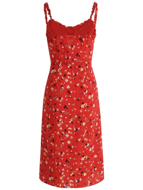 Floral Red Long Dress for Women - French-Style Summer Vacation Dress 2025, Celebrity-Inspired, Perfect for 90s and Y2K Fashion