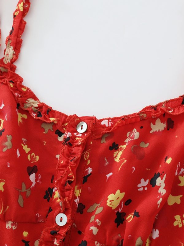 Floral Red Long Dress for Women - French-Style Summer Vacation Dress 2025, Celebrity-Inspired, Perfect for 90s and Y2K Fashion