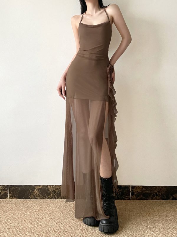 Floral Ribbon Split Hem Backless Halter Camisole Dress with Sheer Mesh Splicing - Y2K Inspired Long Skirt