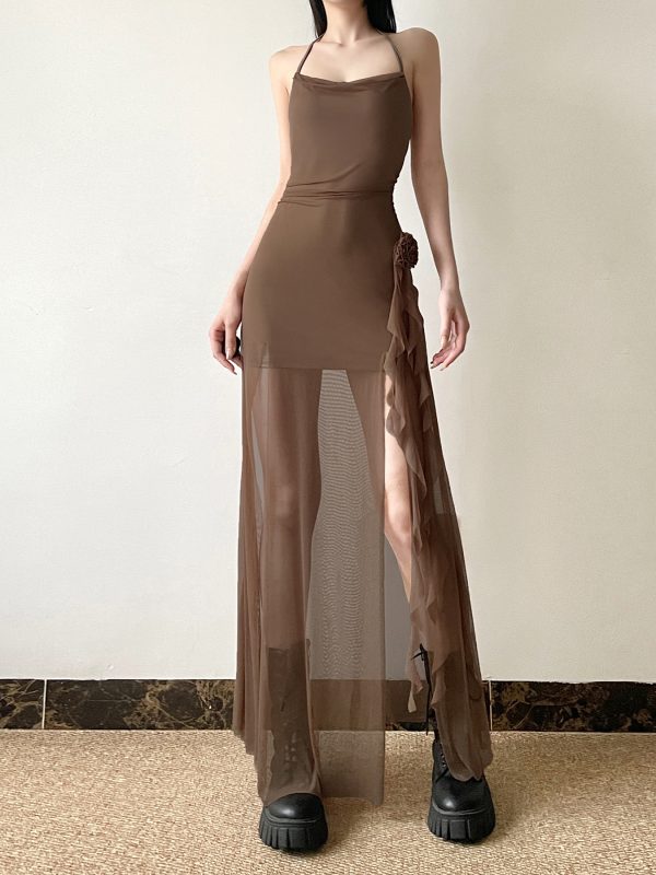 Floral Ribbon Split Hem Backless Halter Camisole Dress with Sheer Mesh Splicing - Y2K Inspired Long Skirt