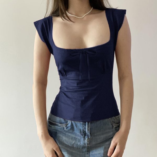 Floral Season Rose Women's Summer T-Shirt - Small Fly Sleeve, Low Square Neck, Butterfly Tie, Solid Color, Brightening Style
