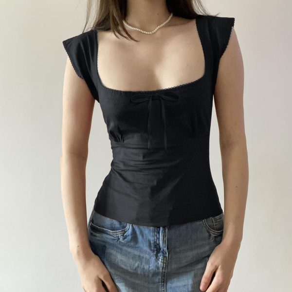 Floral Season Rose Women's Summer T-Shirt - Small Fly Sleeve, Low Square Neck, Butterfly Tie, Solid Color, Brightening Style