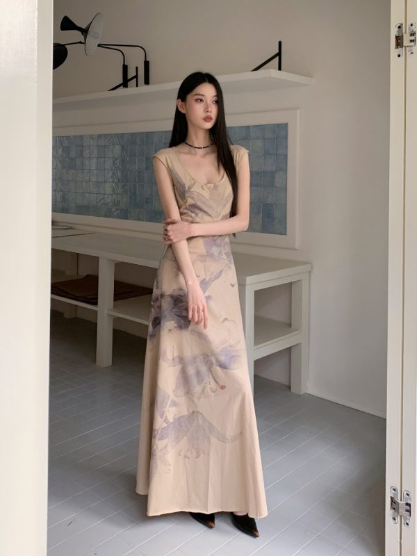 Floral Shadow Print Cotton Dress - Elegant Chinese Design for Spring & Summer - Perfect for 90s & Y2K Inspired Fashion