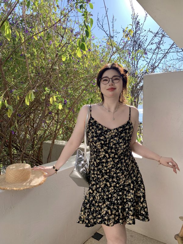 Floral Spaghetti Strap Dress with French V-Neck and Waist-Cinching Design - Midsummer Chic, Slimming Textured Skirt, Perfect for Daywear