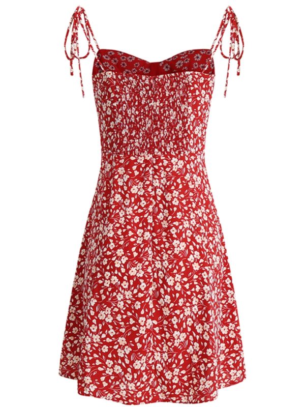 Floral Spaghetti Strap Short Red Dress - French Style Summer Dress 2025 for Women - Vacation Ready Fashion
