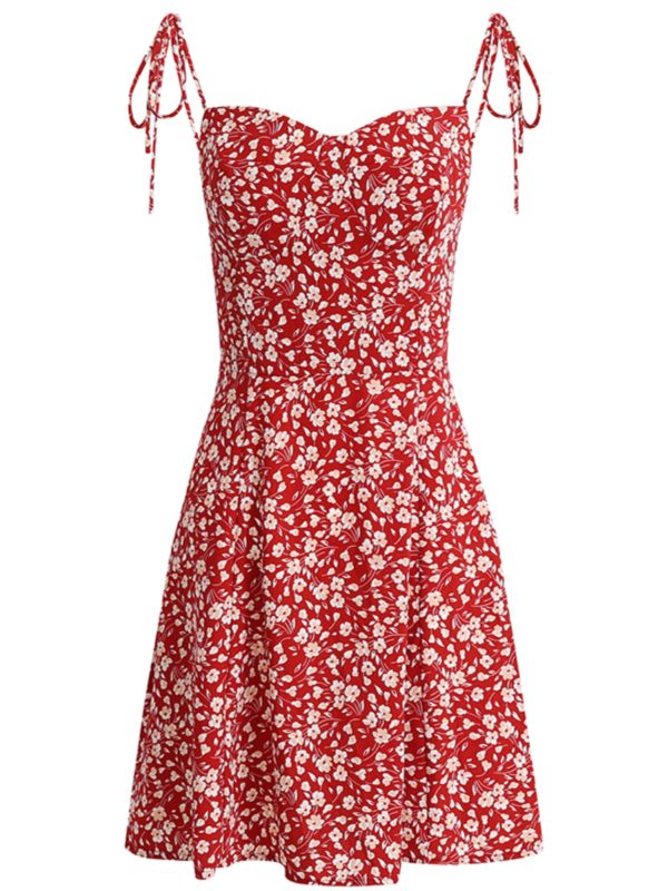 Floral Spaghetti Strap Short Red Dress - French Style Summer Dress 2025 for Women - Vacation Ready Fashion